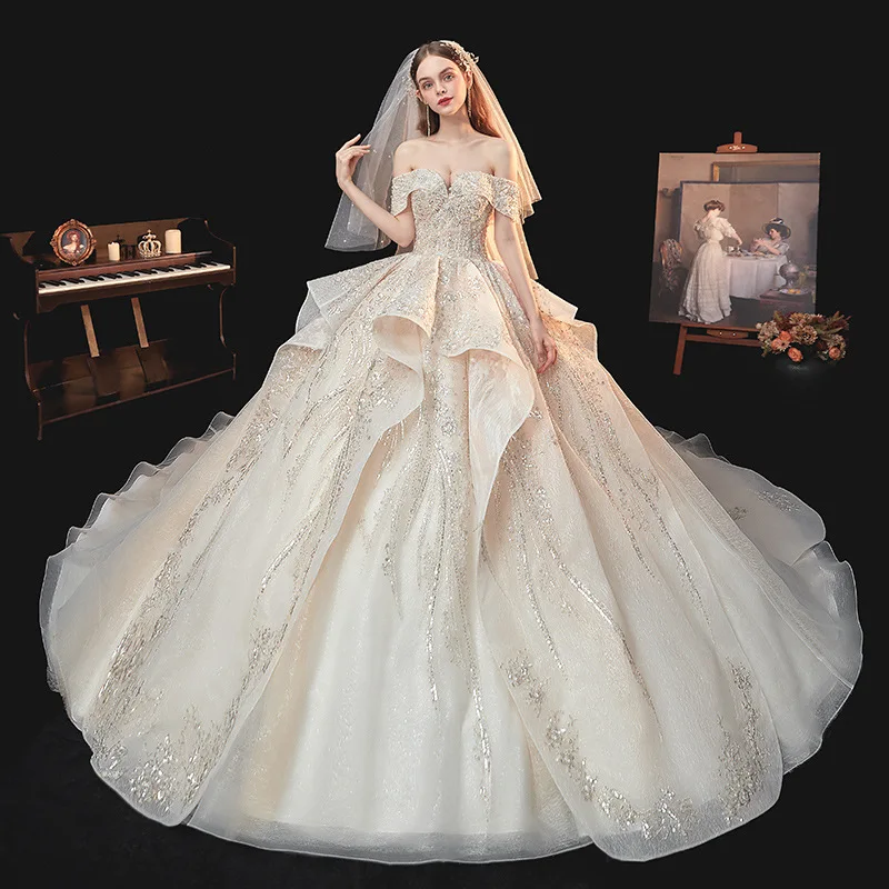 Noble Luxury Elegant Ball Gown Appliques Slim Sexy Slash Neck Wedding Dress Vintage Bridesmaid Princess Romantic Bridal Gowns