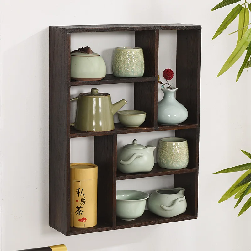 

Geometric Rectangular Decorative Floating Wood Shelf with 6 Openings