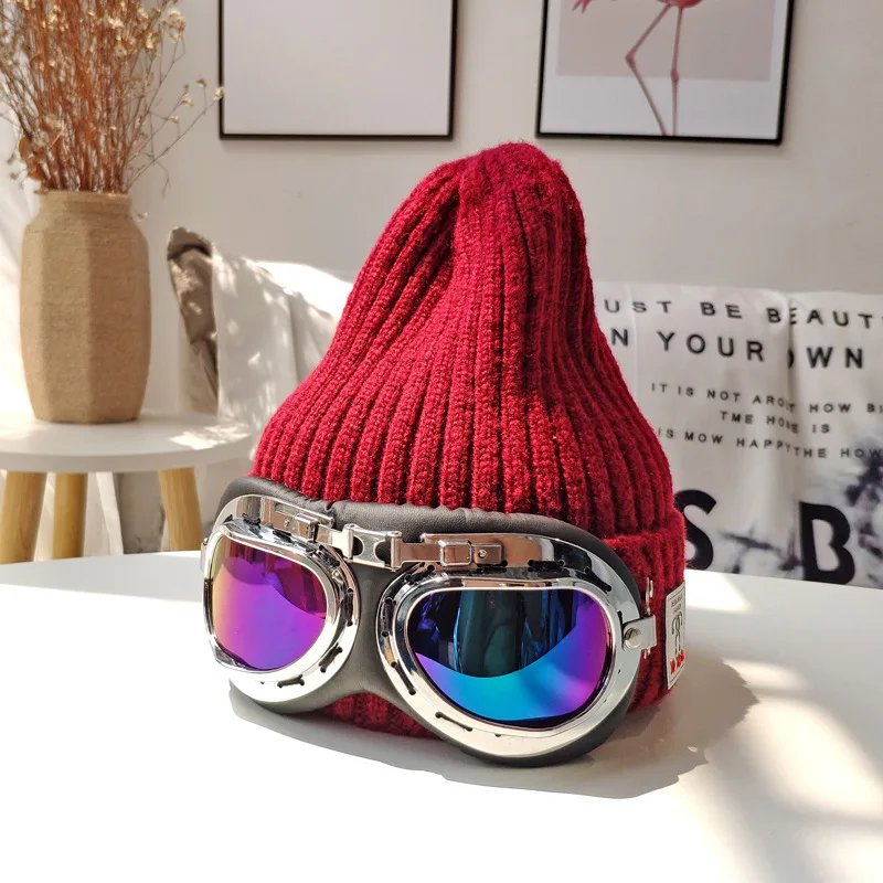 Knitted beanie hat with glasses retro hat male woolen hat female winter tide brand outdoor warm ski hat