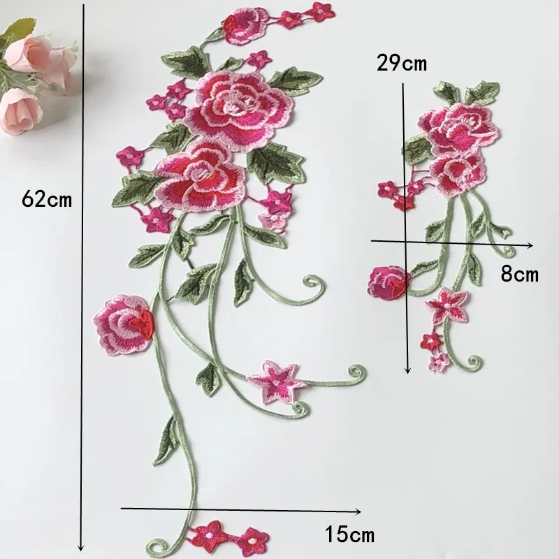 1Set Long Rose Peony Flower Patch Chinese Style Embroidery Patches Clothing Applique Sew  DIY Embroidered Stickers for Clothes