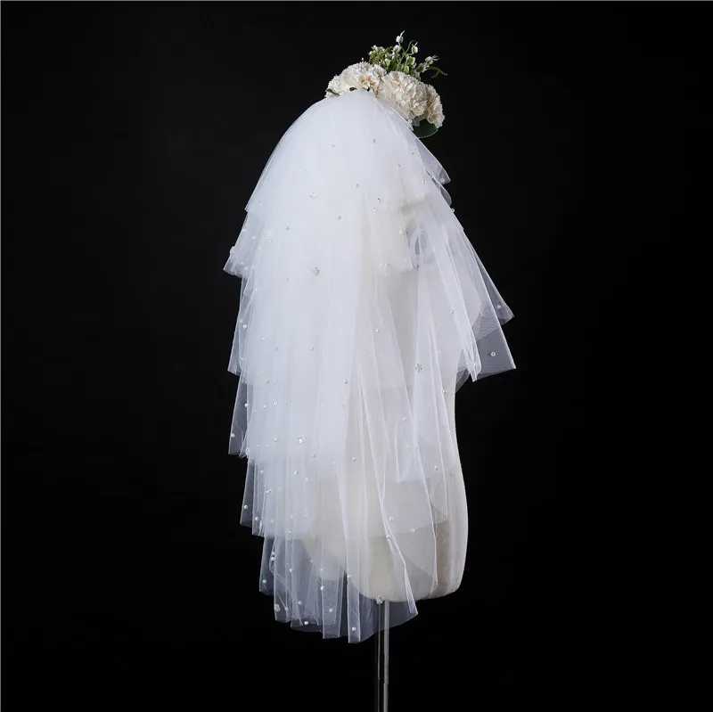 JaneVini-velos de tul cortos para novia, elegantes, marfil, con peine, varias capas, perlas, longitud hasta el codo, accesorios de boda hinchados, 2019