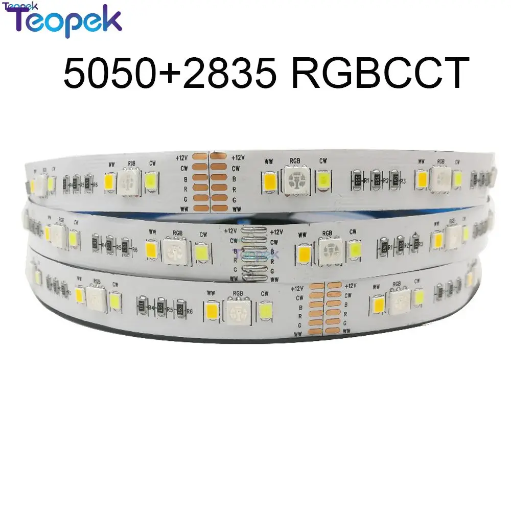 5050 RGB CCT LED 스트립 5M DC 12V 24V RGB + CCT 5050 + 2835 RGB + 듀얼 화이트 RGBCW 5 1 화이트 따뜻한 화이트 유연한 LED 빛 스트립