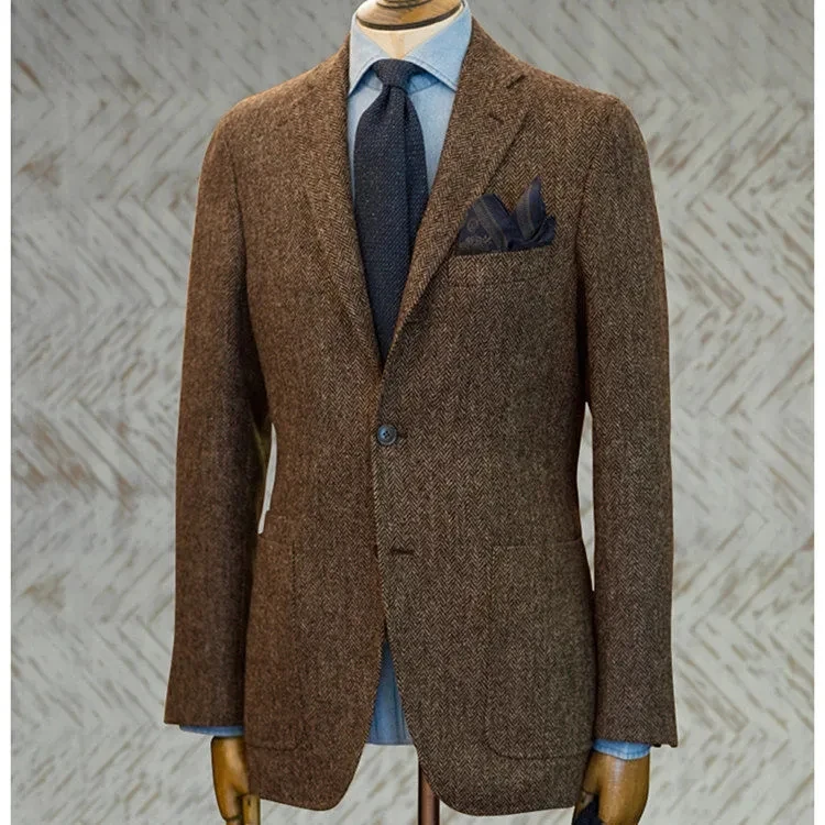 Male Suit Brown Men\'s Jacket Dark Gray Herringbone Wool Tweed Lapel Collar Single Breasted Formal Bussiness Jacket for Wedding