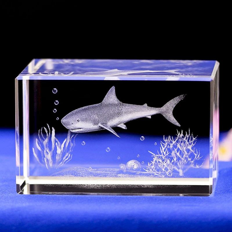 Feng shui Quartz Crystal 3D Carved White Shark Figurines Cube Home Decor Seaquarium Display Ornament