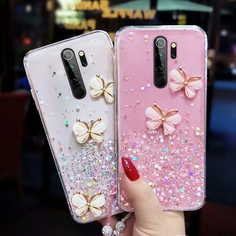 Ultra-thin Cute Bling Glitter Lanyard Silicone Phone Case For Xiaomi Redmi Note 13 12 11 10 9 S 8 Mi 14 T Pro Luxury Rope Cover