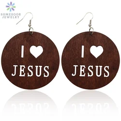 SOMESOOR 6CM Brown Engraved I Love JESUS African Wooden Drop Earrings Laser Carved Wood Dangle Christian Jewelry For Women Gifts