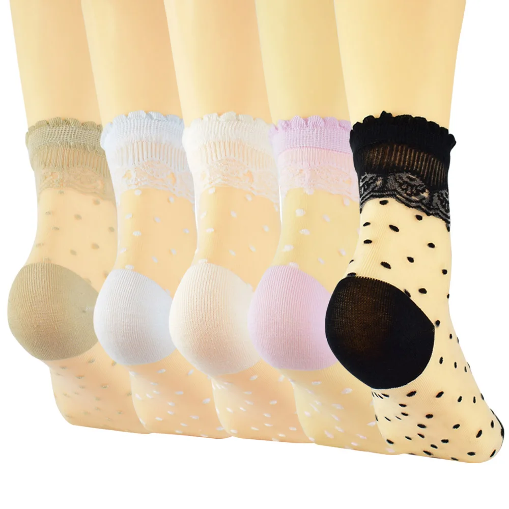 Womens 5 Pairs Ultrathin Transparent White Purple Nude Black Cotton Dot Lace Elastic Short Socks C1S9