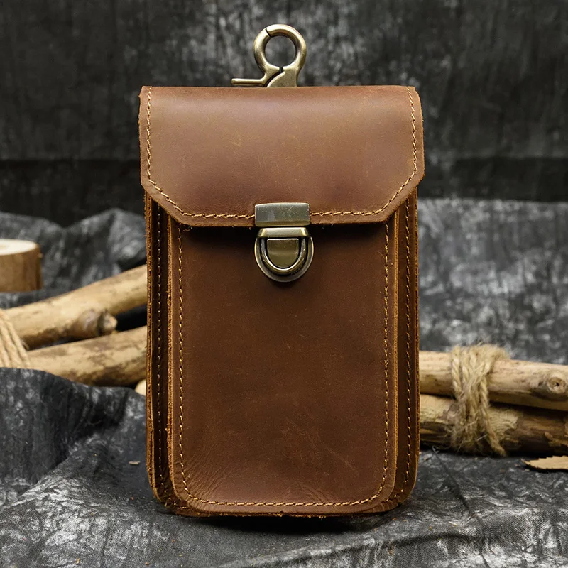 Men\'s Genuine Leather Belt Bag Real Leather Waist Bag Double Layer Waist Pack For Phone Buckle Cigarette Case Fanny Wallet Hook