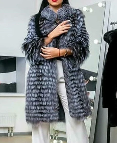 Women's Striped Real Silver Fox Fur Coat, Long Cardigen with Wool Lining, Big Size Clothes, Elegant Outwear, Spring, Lux18A09164