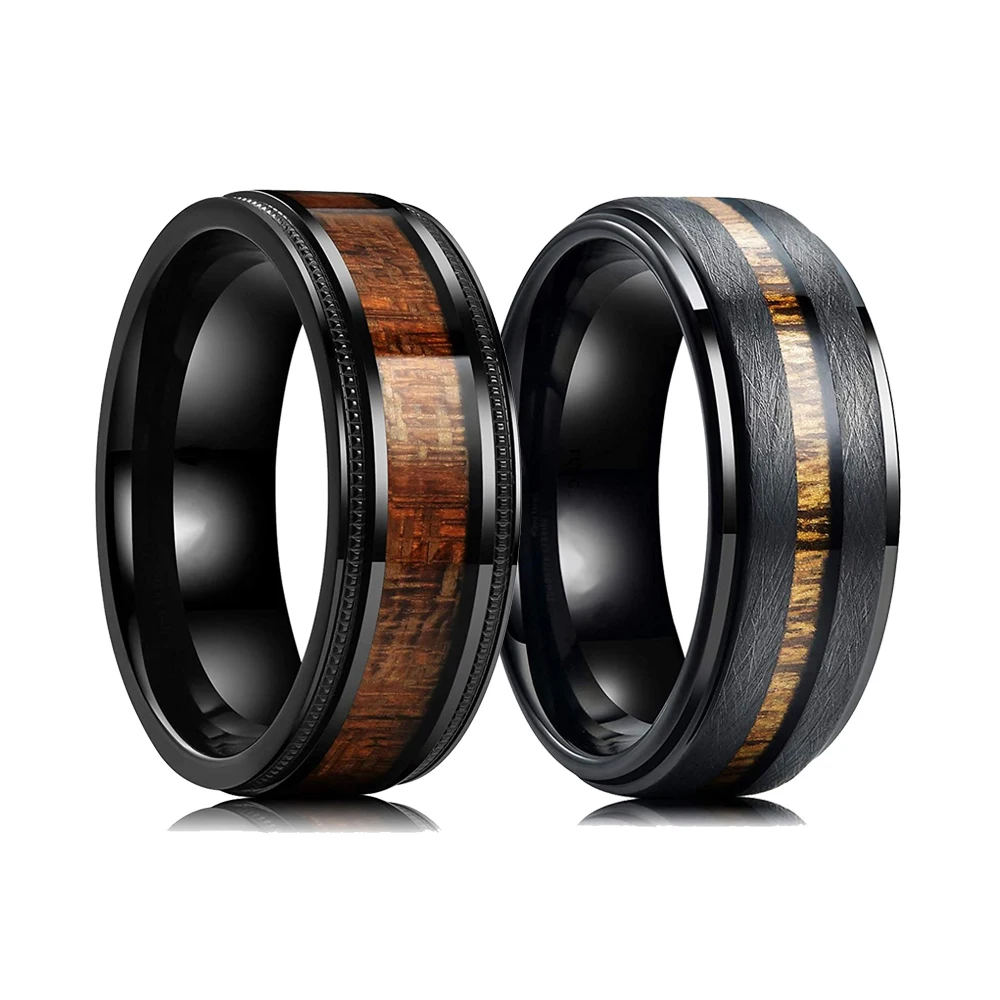 Fashion 8mm Black Tungsten Wedding Ring For Men Women Koa Wood Inlay Steel Engagement Rings Punk Men\'s Anniversary Jewelry Gifts