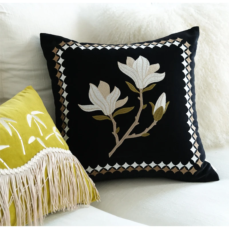 Medicci Home Magnolia Embroidered Throw Pillow Cover Luxury Black Velvet Cushion Case Retro Living Room Decor Rustic Shabby Chic