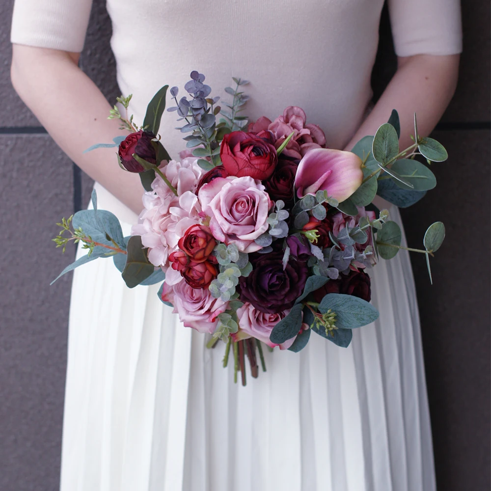 Janevini vintage rosa borgonha flores bouquets de casamento artesanal seda calla lírio rosas hydrangea falso bouquet de acessórios de noiva