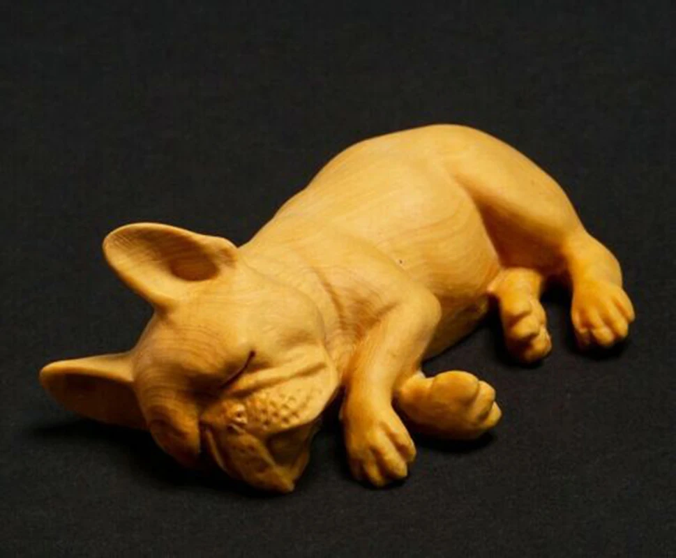 TJ146 - 7*5*3 CM Carved Boxwood Carving - Lovely Sleeping Dog ( French bulldog )