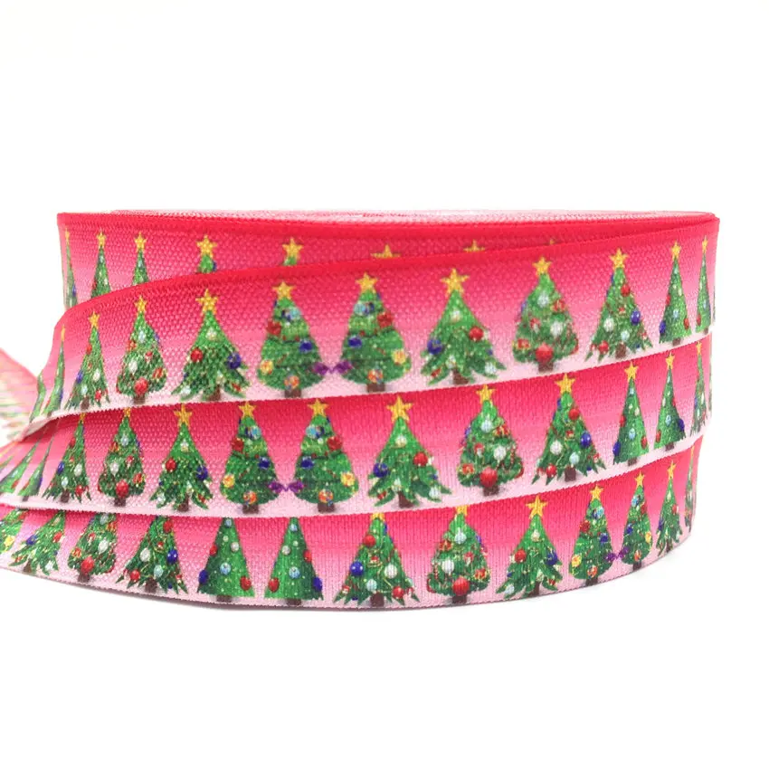 5Yard Christmas Tree Snow Print Fold Over Elastic Band Sewing Tape Handmade Crafts Accessories DIY Baby Headband