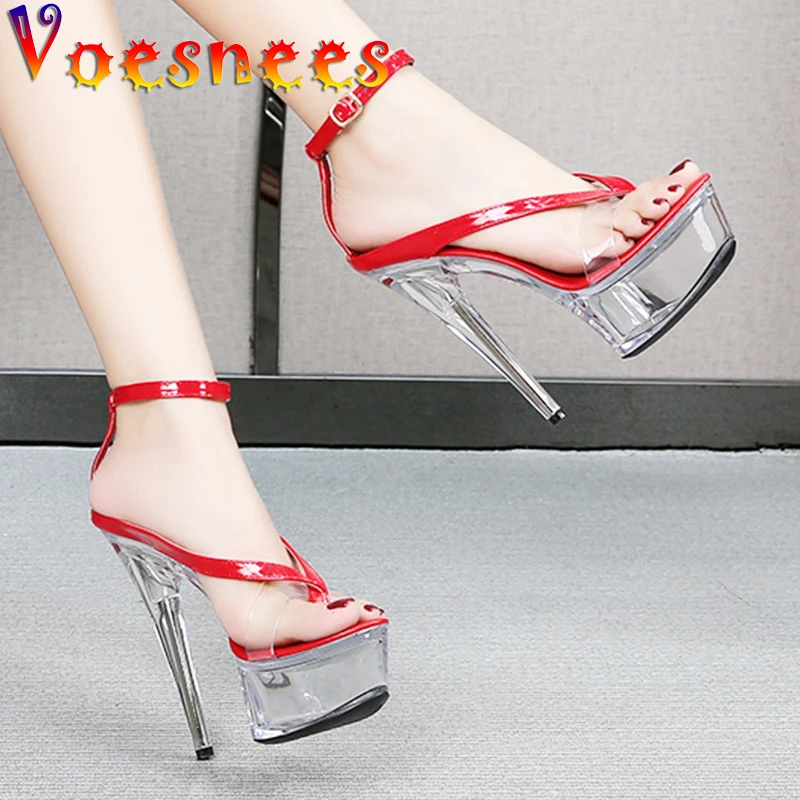 Walking Show Stripper Heels Clear Shoes Woman Platforms 15cm High Heels Sandals Women Sexy Fish Toe Wedding Shoes Flip Flops