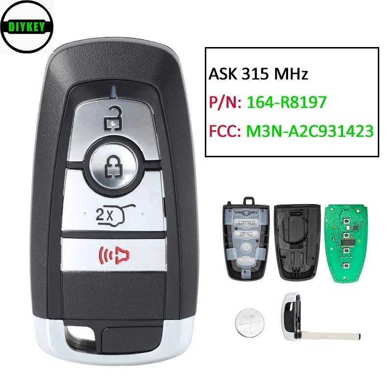 

DIYKEY M3N-A2C931423 Replacement 4 Button Smart Key ASK 315MHz 49 Chip for Ford Expedition Explorer 2018 2019 2020 PN: 164-R8197