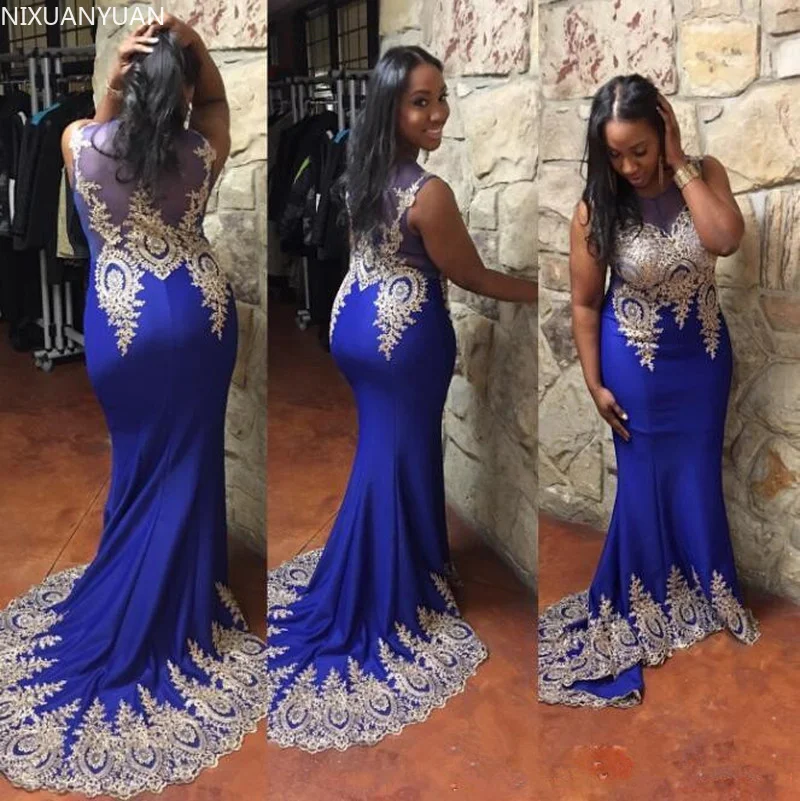 

Elegant Lace Royal Blue Mermaid Prom Dresses Evening Sweep Train Party Gowns Pageant Celebrity Gowns