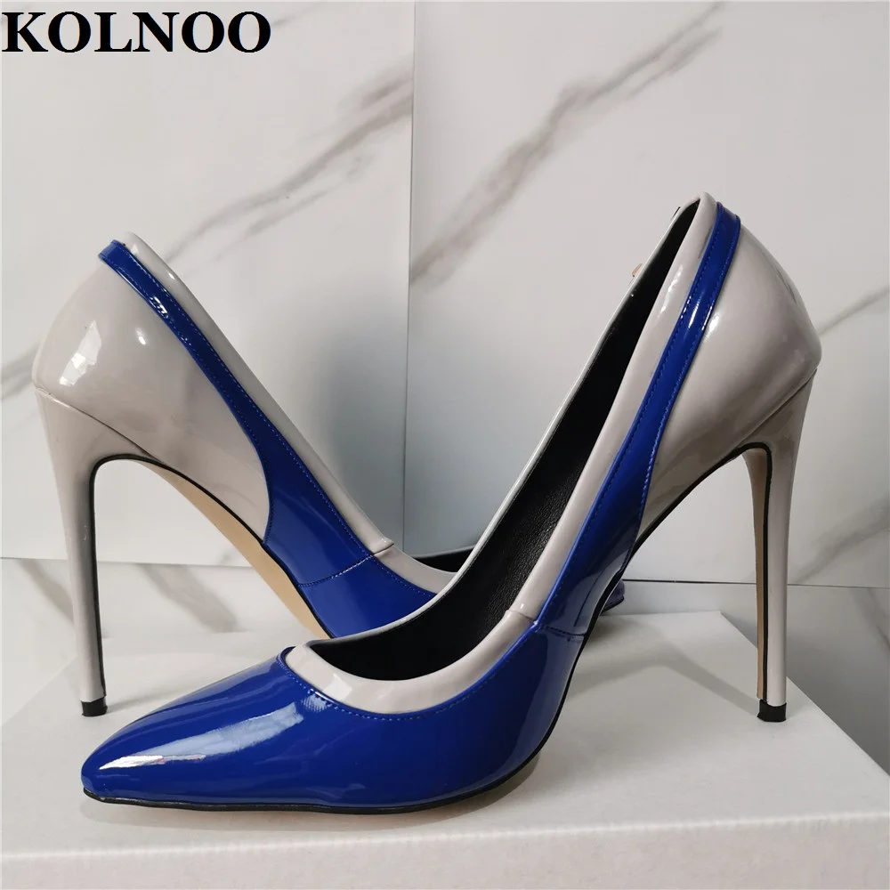 

Kolnoo Handmade New Ladies High Heels Pumps Two-Tones Slip-On Patent Leather Office Career Pointy Evening Fashion Court Shoes