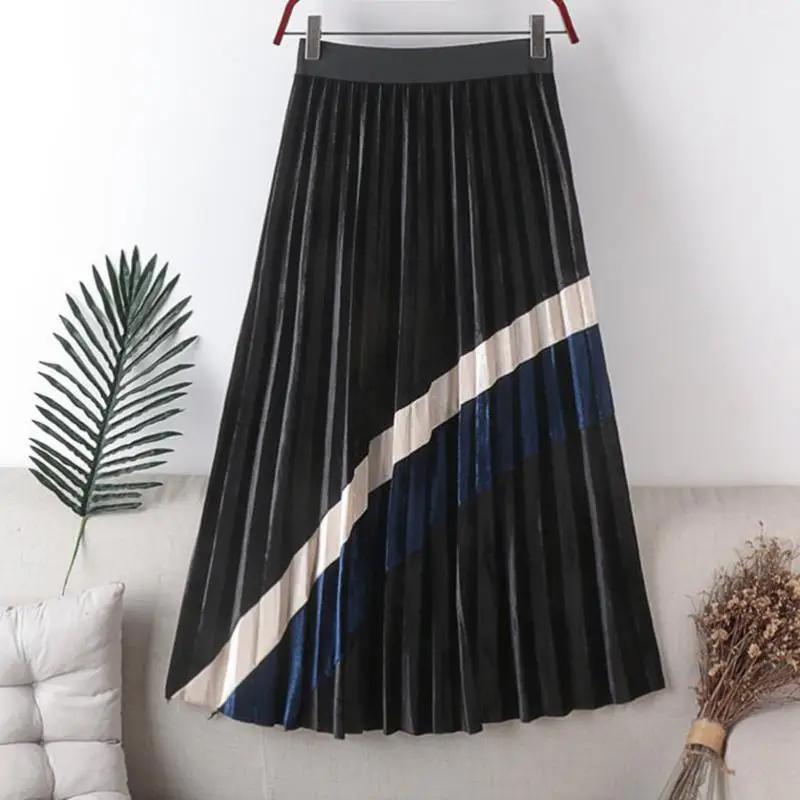 

2024 Autumn Winter New Simple Striped Gold Velvet Pleated Elastic High Waist Slimming Women Big Swing Skirt Free Shipping