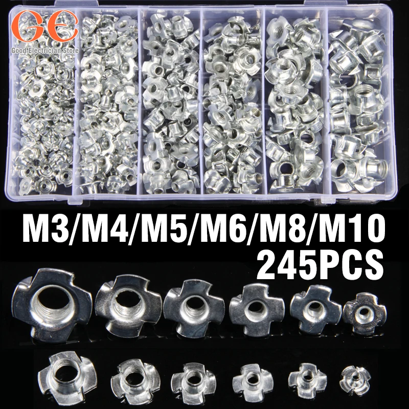 245PCS Zinc Plated M3/M4/M5/M6/M8/M10 Four Claws Nut Speaker Nut T-nut Blind Pronged Tee Nut Furniture Hardware