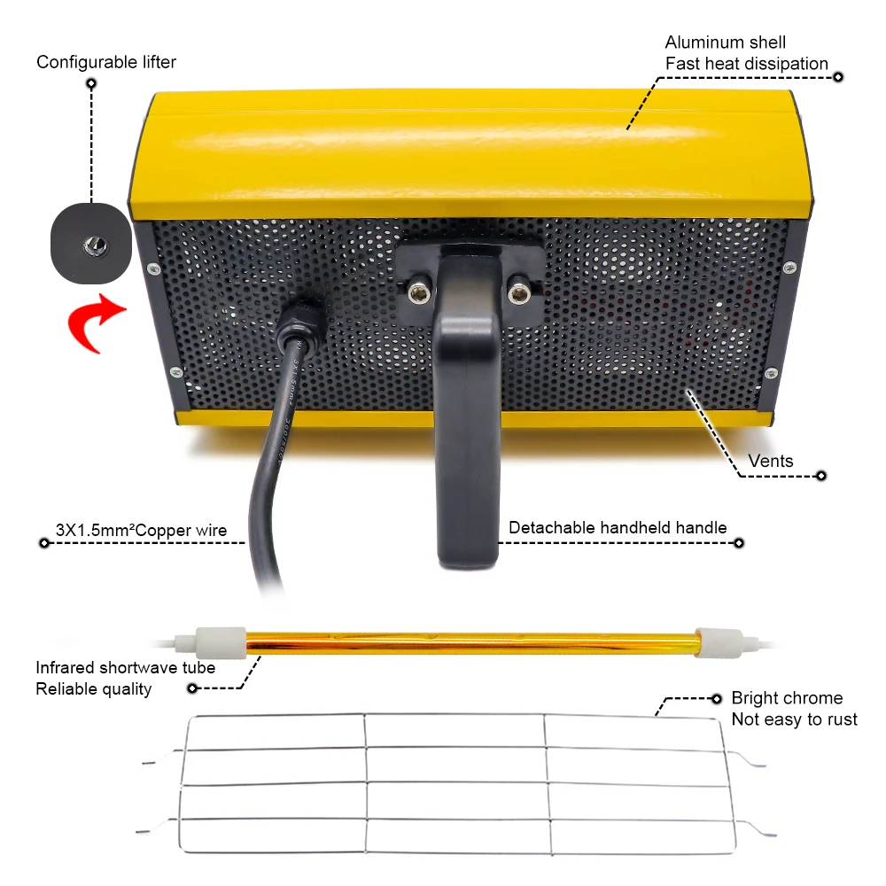 2000W Infrared Paint Curing Lamp Handheld Shortwave Infrared Heating Lamp Car Body Repair Paint Dryer