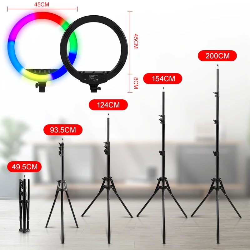 PYNSSEU-Anel de Luz LED Colorido com Tripé, Clipe de Telefone, Vlogging Live, Vídeo Curto, YouTube, RGB, 45cm, 2m