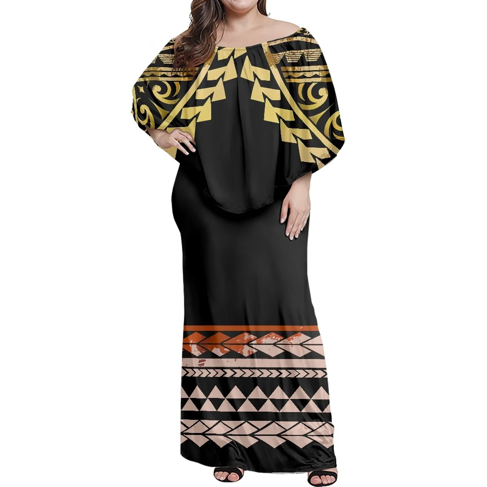 

Polynesian Samoan GoldenTexture Designs Black Stripes Print Female Strapless Clothin Lady Tight Dress Off-the-Shoulder