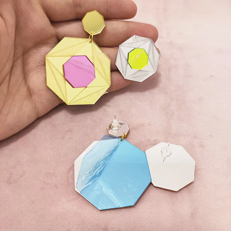 Octagon Geometric Earrings for Women Acrylic Gold Silver Color Mirror Green Blue Pink Classic Trendy Fashion Jewelry