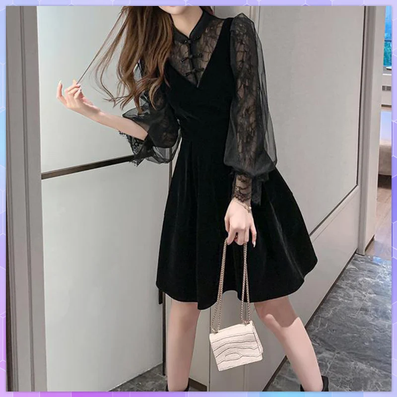 Goth Dark Velour Gothic Aesthetic Vintage Hepburn Style Dresses Women's Lace Patchwork Grunge Black Dress Long Sleeve Vestido