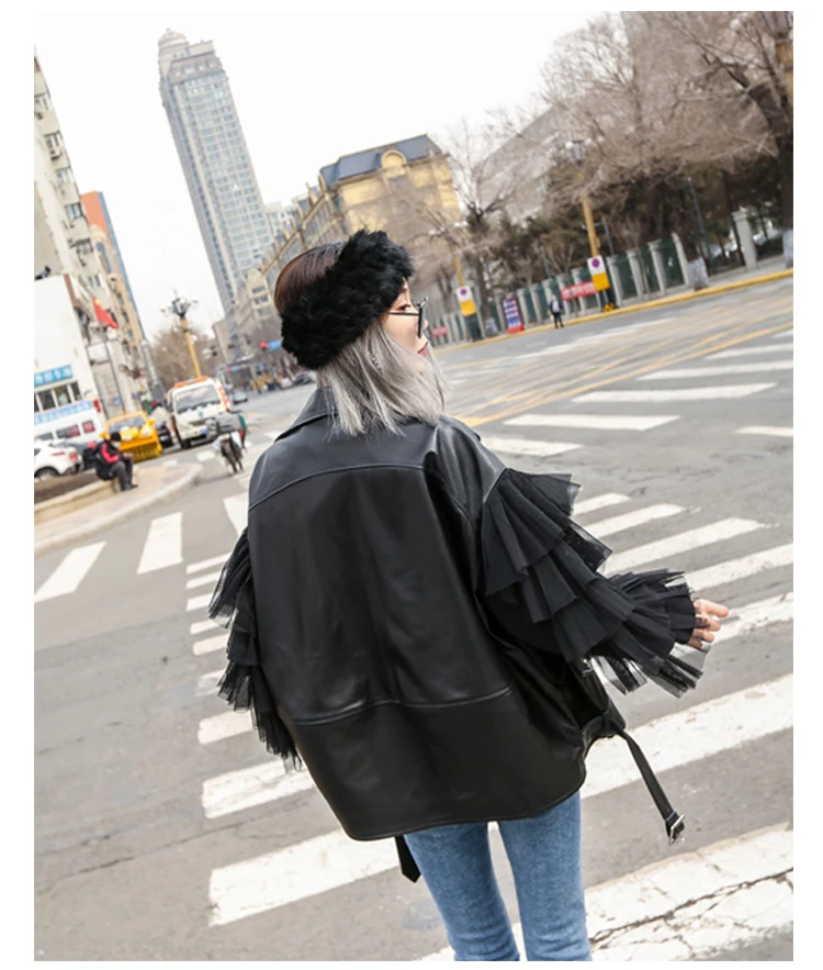 Lautaro Autumn Short Black Oversized Lace Patchwork Leather Biker Jacket Long Sleeve Loose Womans Clothing Fashionable Outerwear