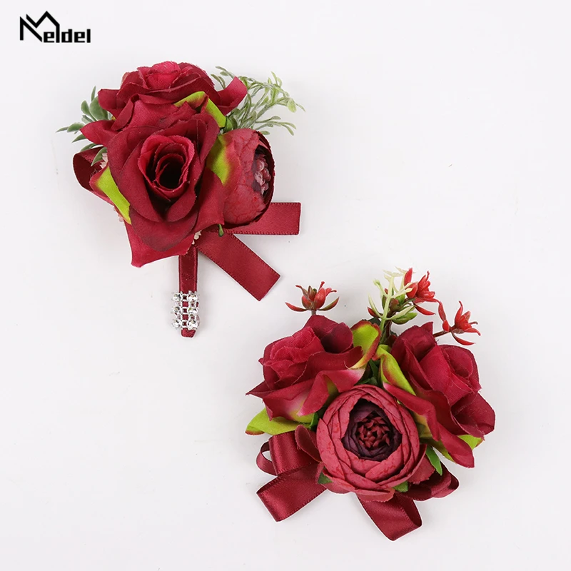 Meldel สีแดง Boutonniere งานแต่งงาน Bridesmaid สายรัดข้อมือผ้าไหมคุณภาพสูง Rose ดอกไม้ Corsages พรหมประดิษฐ์ดอกไม้สีแดง