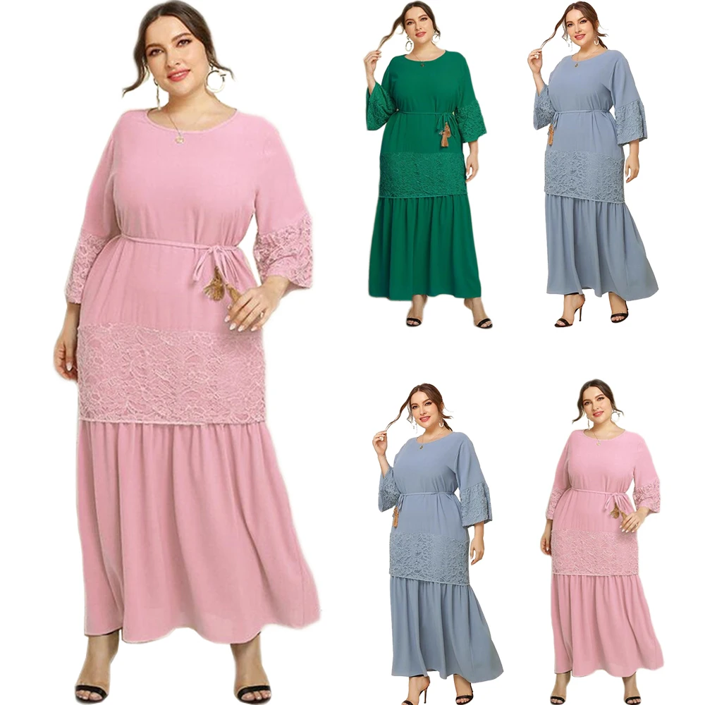 

Dubai Kaftan Muslim Women Long Dress Lace Patchwork Arab Maxi Robe Gown Middle East Party Evening O-neck Spring Autumn Dress New