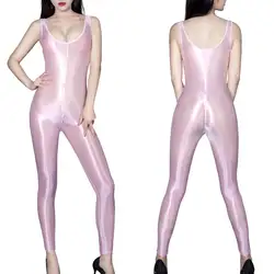 Metelam feminino puro zíper virilha catsuit bodycon bodysuit de seda brilhante brilhante macacões