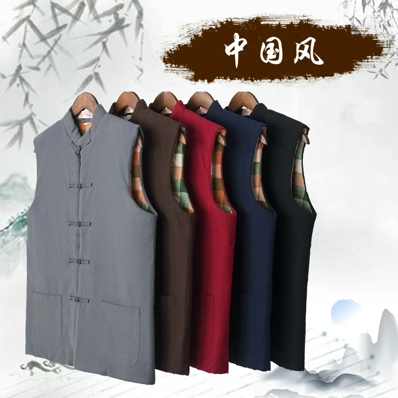 

Chinese Traditional Retro Style Qipao Coat Fashion Men Cotton Tops Streetwear Vest Kung Fu Tai Chi Jackets Sleeveless Cardigan