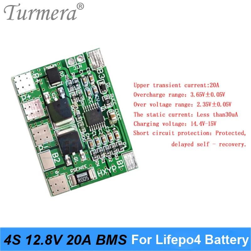 Turmera 4S 20A 12.8V 14.4V 32650 32700 Lifepo4 Battery Balanced BMS for Electric Boat Uninterrupted Power Supply 12V Car Battery