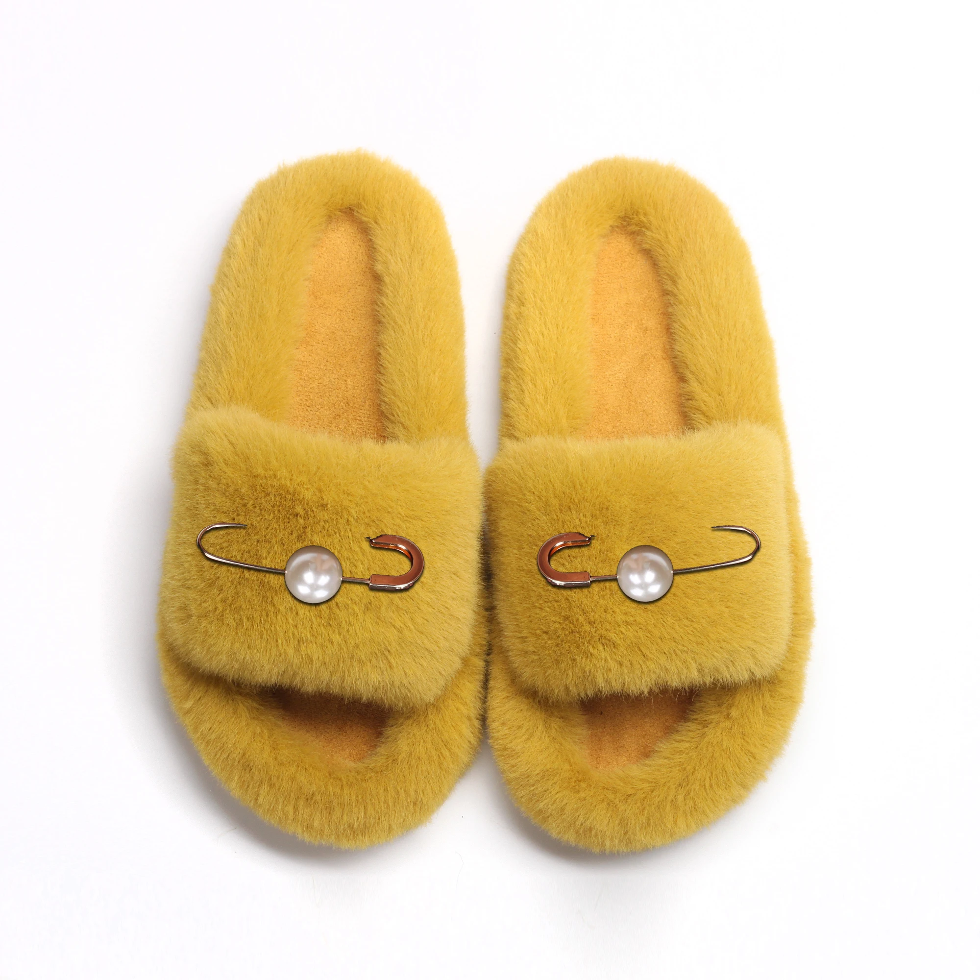 Fur Sandals Women Luxury Pearl Pin Decor Faux Fur Slides Fluffy Flip Flops Female Designer Indoor Slippers Platform Casual Shoes