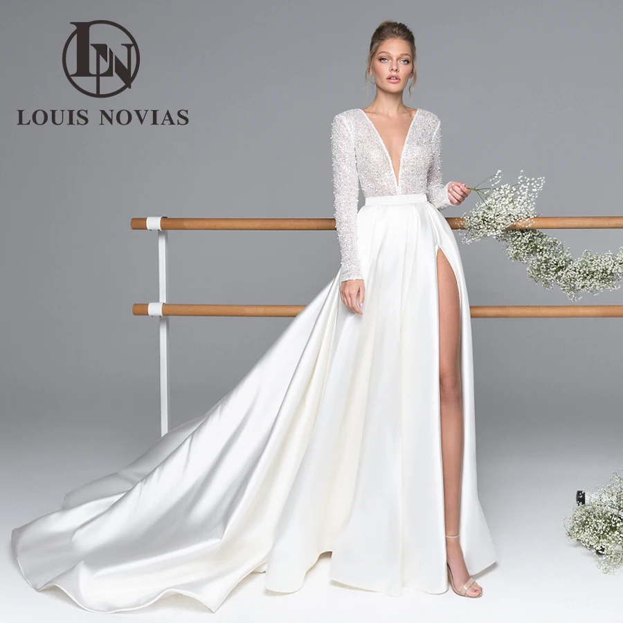 LOUIS NOVIAS Satin Wedding Dress  Long Sleeve A-Line Exquisite Glitter Beading V-Neck Slit-Hem Bride Dress Vestidos De Novia