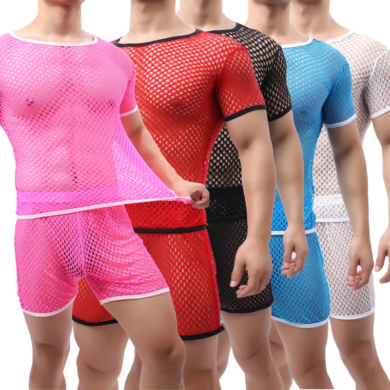 

Sexy Mens Undershirts Mesh Short Sleeve See Through T Shirts Loose Short Pajama Pants Sport Fitness Men Clothes Set Underwear