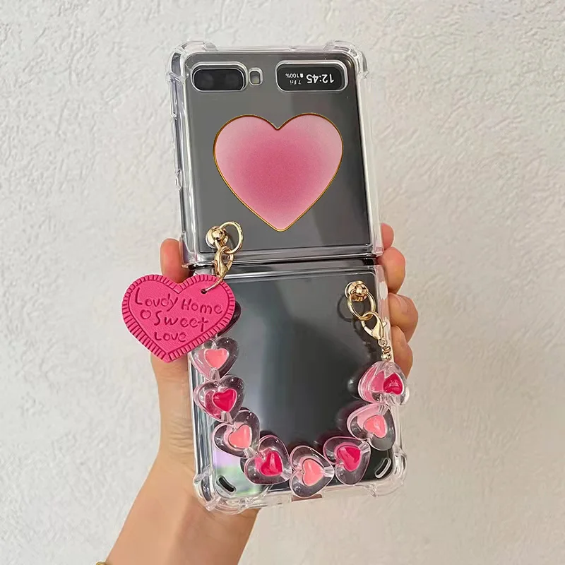 For Samsung Galaxy Z Flip Fold 6 5 2 3 4 5G F7110 Unique Cute Heart Strap Wrist Stand Holder Clear Phone Case Cover