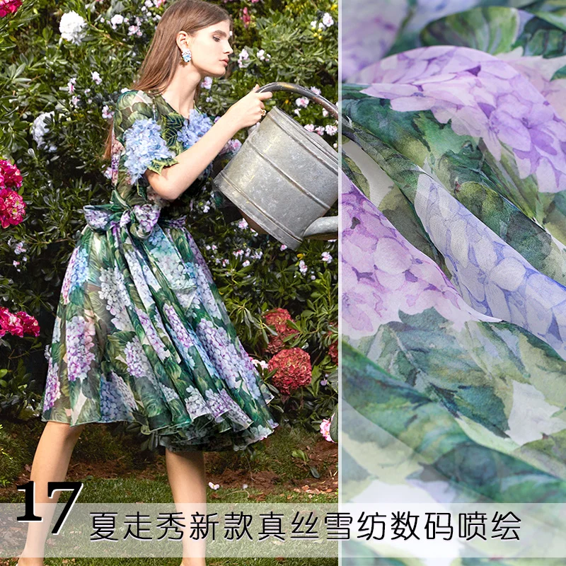 

Green Leave Hydrangea Natural Silk Chiffon Plush Fabric For Dress DIY Tissu Tecido Tissus Au Metre Tela Tulle Seda Cheap Fabrics