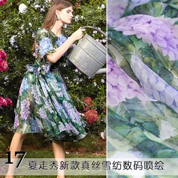 Green Leave Hydrangea Natural Silk Chiffon Plush Fabric For Dress DIY Tissu Tecido Tissus Au Metre Tela Tulle Seda Cheap Fabrics