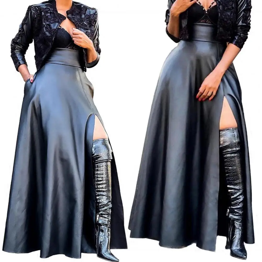 Fashion Women Skirt High Waist Side Slit Irregular Faux Leather Maxi Skirts for Daily Wear