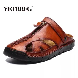 High Quality Genuine Leather Men's Sandals Summer Soft Shoes Beach Men's Sandals High Quality Sandals Slippers Big Size 38-48
