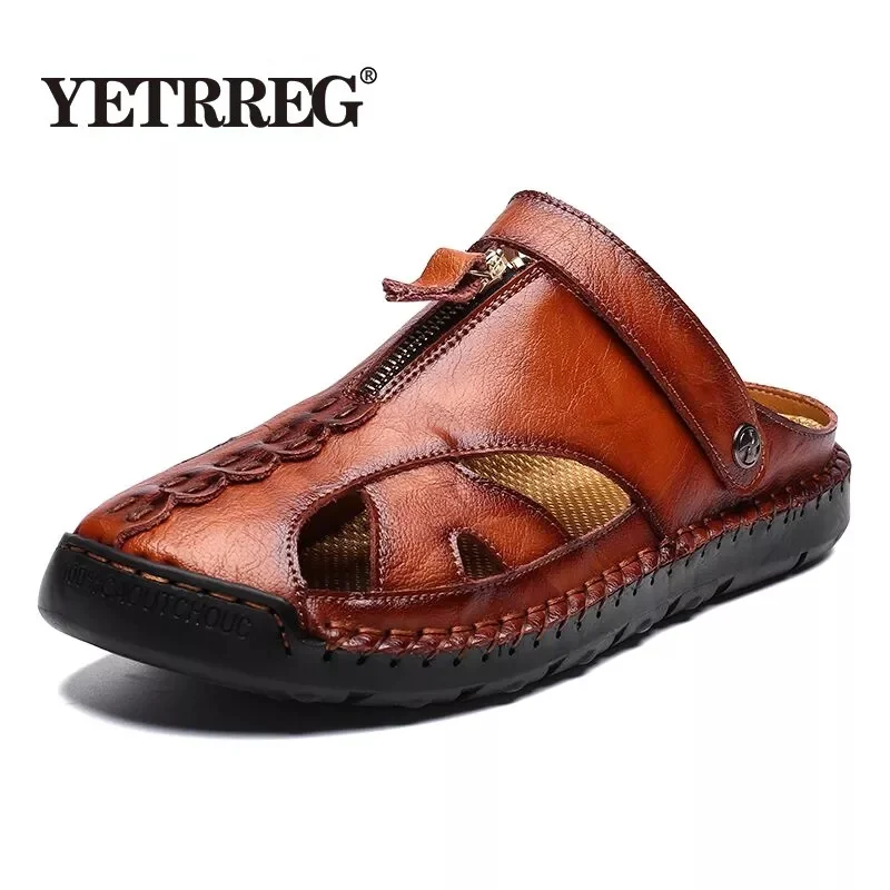 High Quality Genuine Leather Men's Sandals Summer Soft Shoes Beach Men's Sandals High Quality Sandals Slippers Big Size 38-48