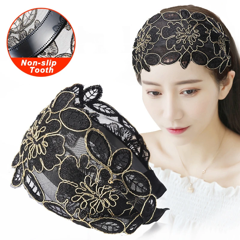 Lace Flowers Headband Wide Women Hair Hoop Head Bands Toothed Non-slip Elastic Hairband Bezel Hair Accessories Headdress