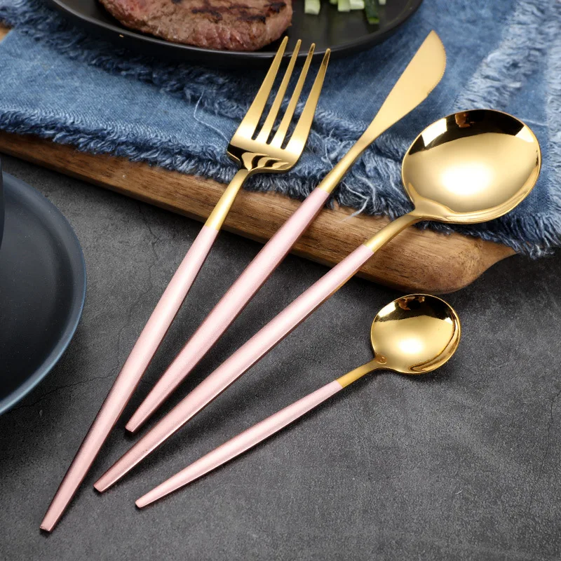 4Pcs 304 Stainless Steel Golden Cutlery Set Black Luxury Dinnerware Spoons Knives Kitchen Mirror Polishing Fork