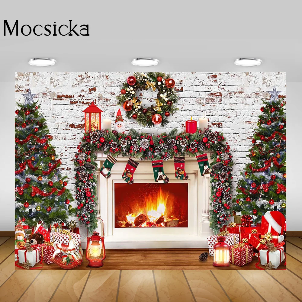 التصوير خلفية الشتاء عيد الميلاد الموقد التصوير الفوتوغرافي الطوب جدار عيد ميلاد سعيد زينة خلفية حفلة الجوارب الهدايا إكليل