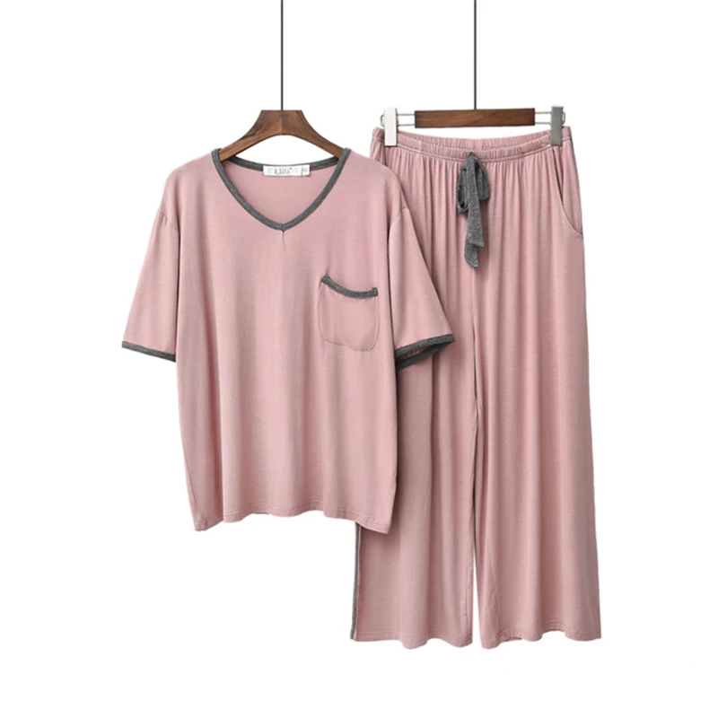 2020 new pajamas modal nightgown suit female short-sleeved trousers Korean version of loose half-skin-friendly home service