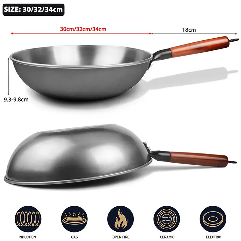 30/32/34CM Iron Wok Traditional Handmade Wok Kitchen Cookware Non-coating Pan Electromagnetic Furnace General Iron Pot