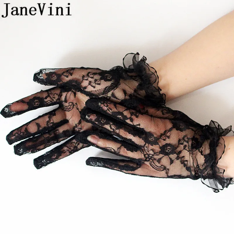 JaneVini Luvas de Noite Preto Sexy Sheer Rendas Dedo Cheio Luvas de Noiva Curto Pulso Comprimento de Casamento Nupcial Luvas gants mariee Novo